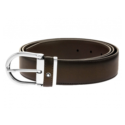 Montblanc 120 cm 116693 Shiny Palladium Round Horseshoe Brown Leather Belt